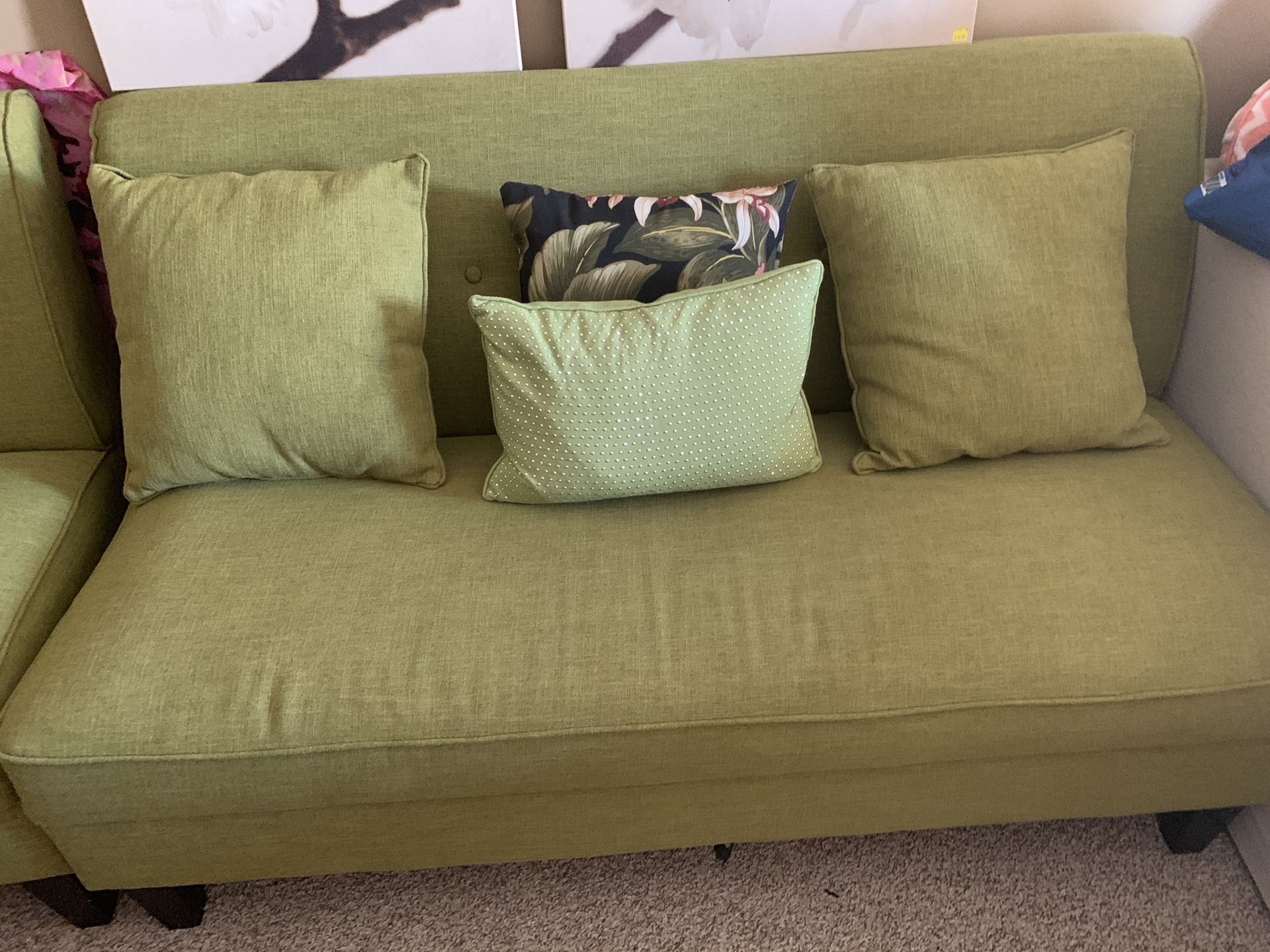 Tropical green sofa with matching chair and throw pillows