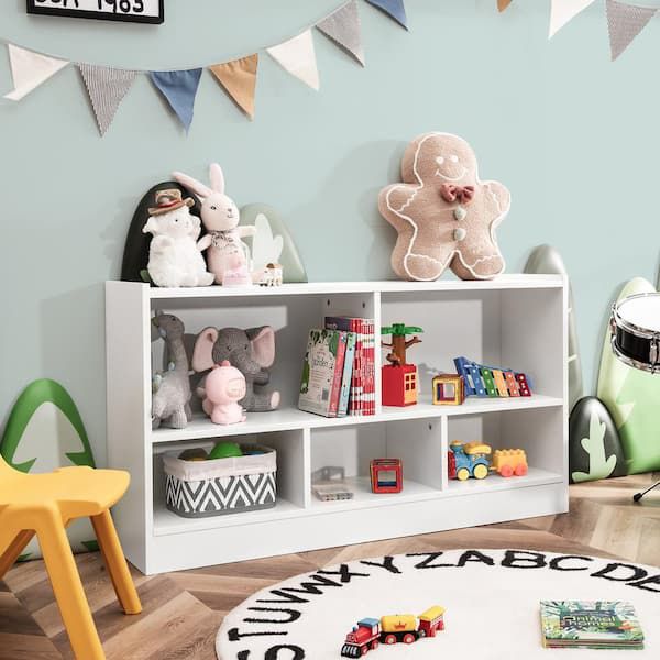 24 in. White Kids 2-Shelf Bookcase 5-Cube Wood Toy Storage Cabinet Organizer -