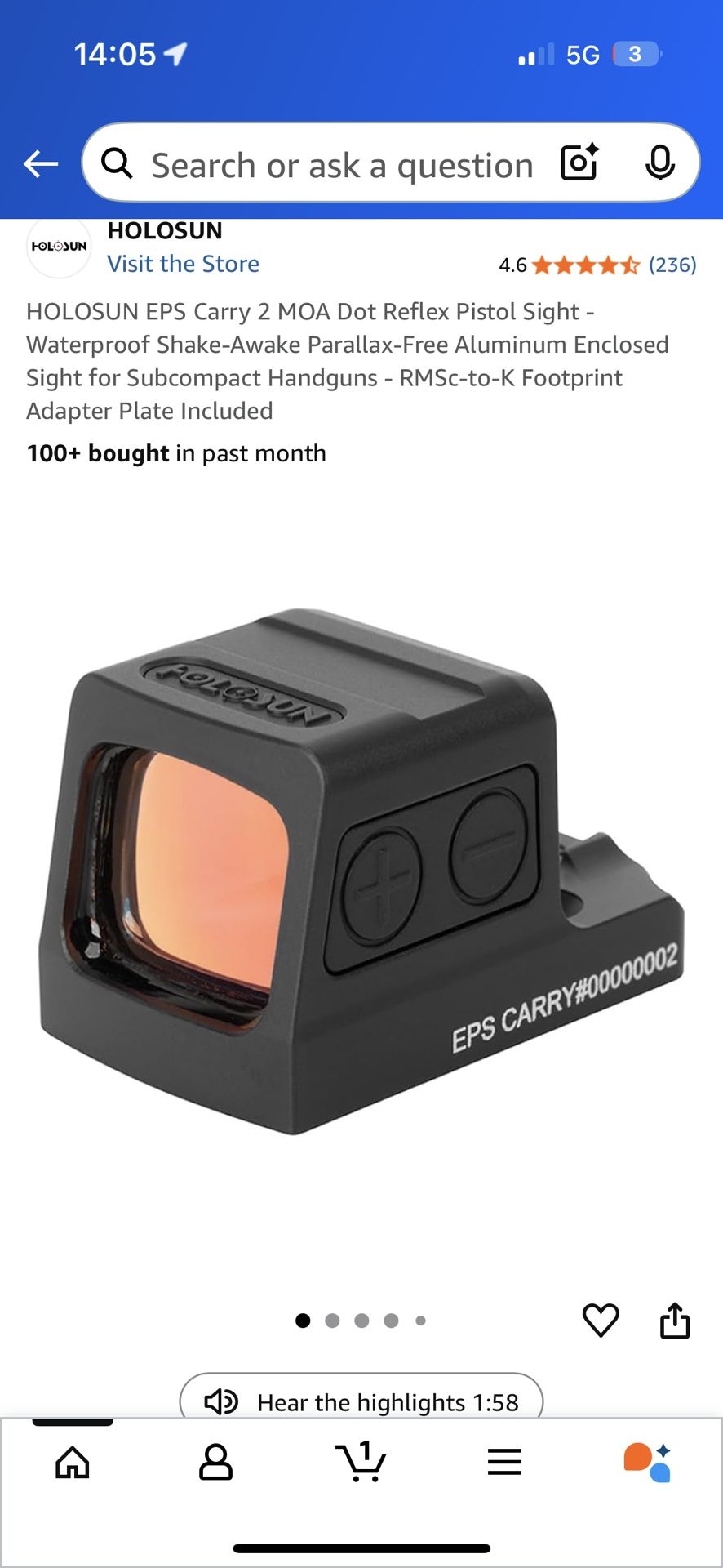 HOLOSUN EPS Carry MRS 2 MOA Dot & 32 MOA Circle Reflex Pistol Sight - Waterproof Shake-Awake Solar Failsafe Parallax-Free Aluminum Enclosed Sight with