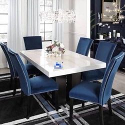 Finland Blue 7-piece Genuine Marble Dining Room Set//table And Chairs/ Comedor 