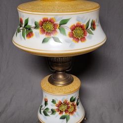 Vintage 1970's Quiozel 3way Hurricane Lamp, Hand Blown Glass With Hand Painted Floral Design 