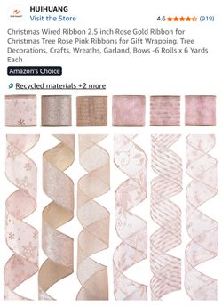 Christmas Wired Ribbon 2.5 inch Rose Gold Ribbon for Christmas Tree Rose Pink Ribbons for Gift Wrapping, Tree Decorations, Crafts, Wreaths, Garland, B
