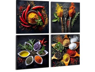 Deveosa Kitchen Wall Art Decor - 4 Pieces Colorful Spices And Spoon Kitchen Artwork Frames Food Wall Art Pictures Canvas Dining Room Modern Decoration