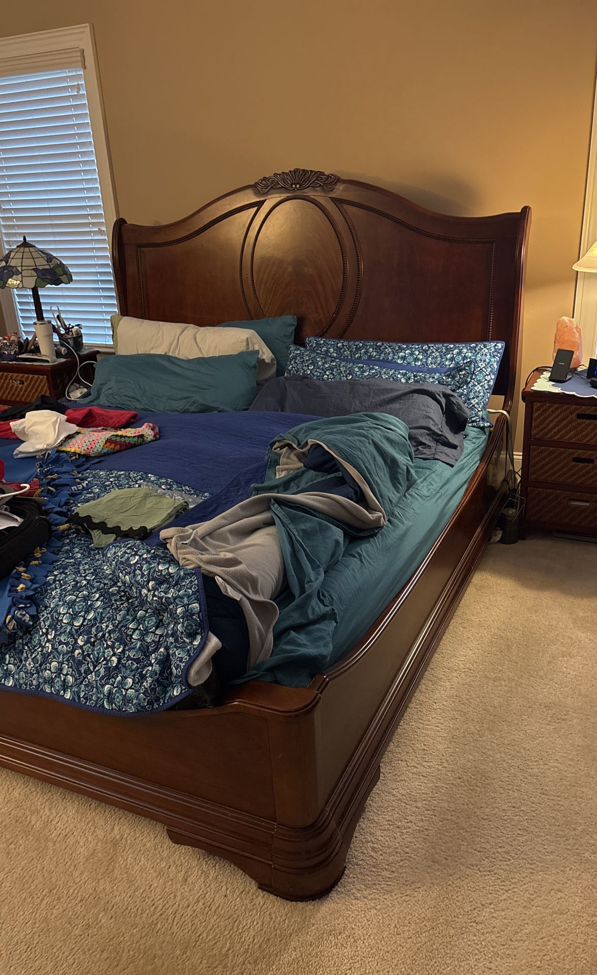 King Size Sleigh Mahogany Bedroom Set With Armoire, Dresser With Mirror, 2 Night Stands