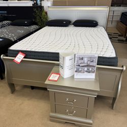 Gray Queen Sleigh Bed and Nightstand