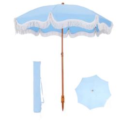 7 ft. Metal Beach Umbrella in Blue with Tassel Design and Cover