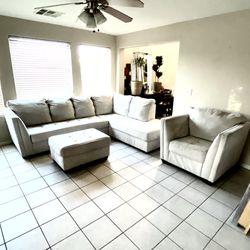 Light Gray Suede Sectional & Sofa Chair