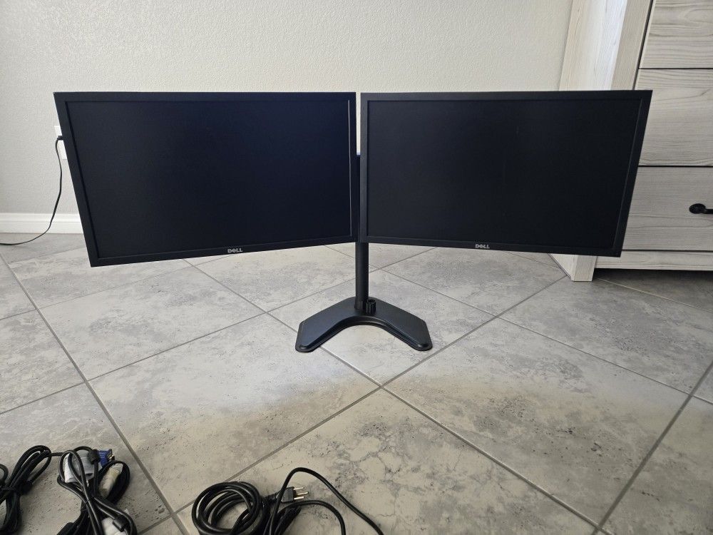 Dual Dell 24" Monitors (P2411H) + Adjustable Dual Monitor Stand – Great Condition!