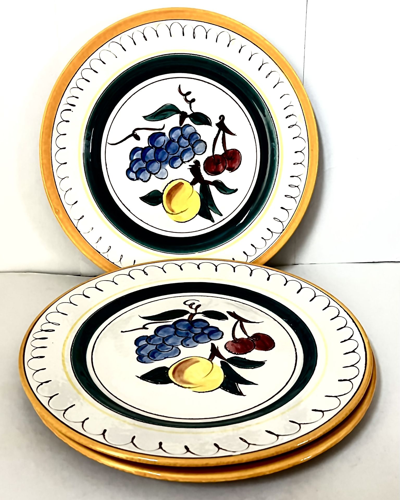 (3) Stangl “Fruit” Luncheon Plates, Hand Carved & Painted, Artist Signed, 9-3/8”