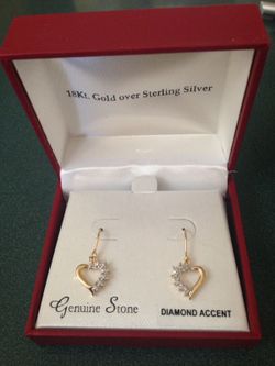 NEW PAIR OF STERLING SILVER WITH 18K GOLD PLATE DANGLE HEART DIAMOND ACCENT EARRINGS
