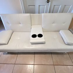 Modern Faux Leather Convertible Futon Sofa Bed with Cupholders