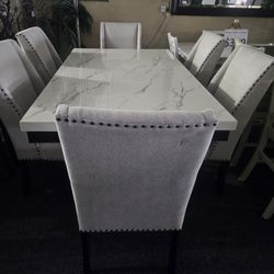 Brand New White Faux Marble Dining Table (72×42×30H) + 6 Biege Linen Chairs