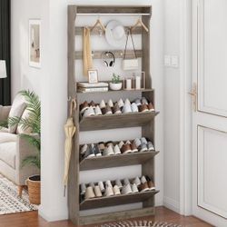 FANRAL Shoe Storage Cabinet with Flip Drawers for Entryway,2-in-1 Hall Tree Slim Freestanding Shoe Rack Organizer,Gray