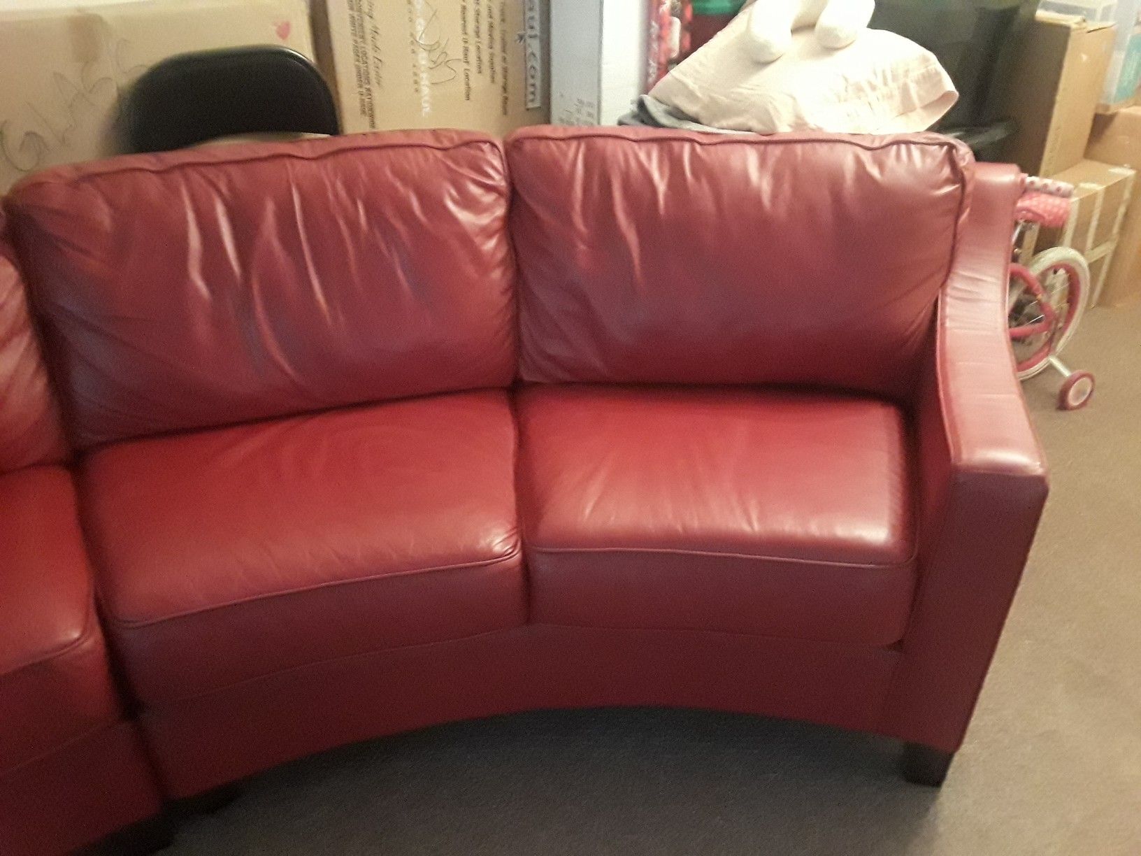 Custom made curved red real leather 2 piece sectional