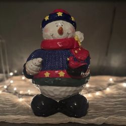 Patriotic Vtg Snowman large Cookie Jar Blue Sweater Hand Painted