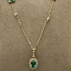 Exquisite 14K Yellow Gold Emerald Halo Pendant Necklace with Matching Earrings