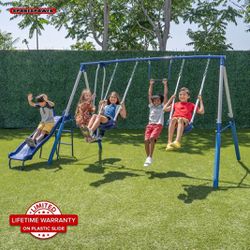 Sportspower Arcadia Metal Swing Set with Trapeze, 2 Person Glider Swing, and Lifetime Warranty on Blow Molded Slide
