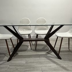 Mesa de comedor de vidrio con base de madera + 4 sillas – como nueva  Glass Dining Table with Wood Base + 4 Chairs – Like New