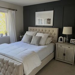 Tufted Upholstered Bed Frame – Neutral Linen w/ Nailhead Trim - Queen Bed