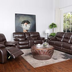 Madrid brown leather reclining sofa and loveseat set $999. Reclining chair $399. Easy finance option. Same day delivery.