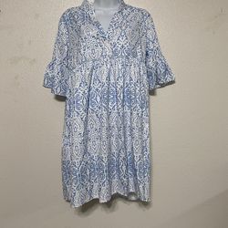 Blue and White V Neck Dress (Size: M)
