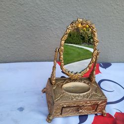Vintage Table Top Cast Iron Ornate Swivel Vanity Mirror Jewelry Box