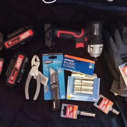IMPACT DRIVER, PLIERS, METRIC DEEP SOCKETS, KNIFE, WORK GLOVES