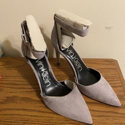 Brand New Calvin Klein Hilda Gray Suede High Heels With Ankle Strap Size 10