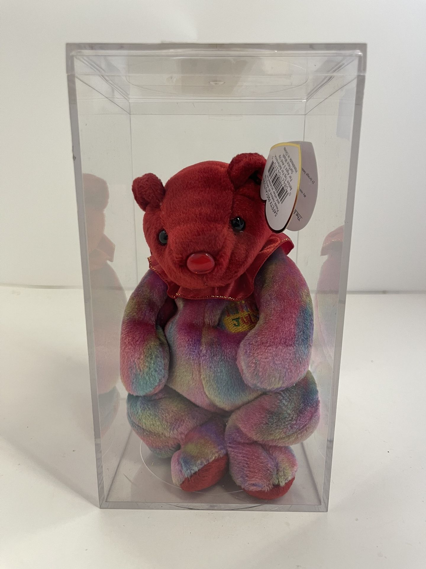 Ty July Happy Birthday Teddy Bear Retired Beanie Baby Stuffed Animal Plush 8" with original tag and hard case. 