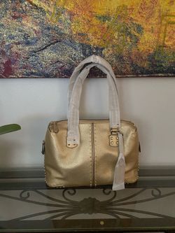 New MICHAEL KORS ASTOR METALLIC GOLD LEATHER JEWELED SATCHEL HANDBAG