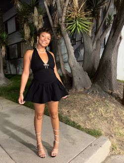 Black Halter Mini Dress with Flared Skirt and Tie Detail
