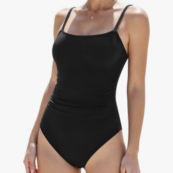 Women's One Piece Swimsuits Ruched Slimming Bathing Suits Square Neck Adjustable Spaghetti Straps Swimwear- LARGE