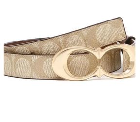 Coach Women's Beige Gold Logo Pattern Waist Belt with Gold Buckle, Size S