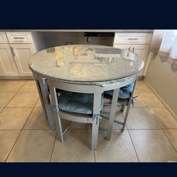 Wayfair Grey Round Dining Table With Glass Top With  4 Chairs includes chair cushions 42”