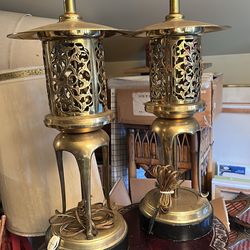 Hollywood Regency oldAsian brass lantern lamps mid century