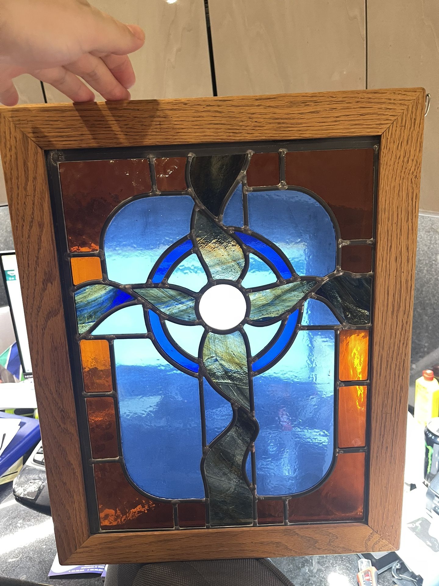Stained Glass Pane Framed Christian Church Cross 15x19