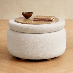 mopio Luna Round Ottoman with Storage and Tray, Round Coffee Table with Storage, Upholstered Foot Stools Ottoman for Living Room, Bedroom, with Solid 