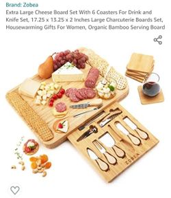 Premium Charcuterie Cheeseboard w Knife Set, Wine Opener & Stopper, Serving Forks, Organic Bamboo Serving Board & 6 Coasters