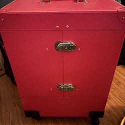 Pink Rolling Makeup Trolley Case, Lockable, Expandable, Faux Leather, Handle