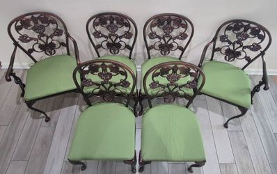 SET of SIX (6) WROUGHT IRON PATIO DINING CHAIRS with "BRAND NEW" SEAT CUSHIONS