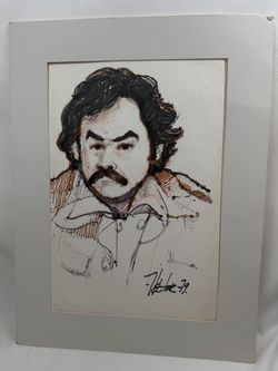 Original Vintage Signed Portrait Drawing 1979 Hector Man with Mustache 17x23 Art