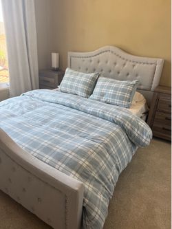 Gray Upholstered Bed with Mattress