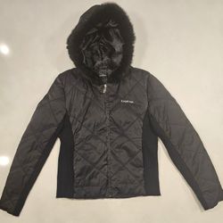 bebe Black Quilted Hooded Down Jacket Faux Fur Trim  Full Zip S/M Diamond Quilt