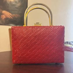 Vintage 80s Red Rodo Italy wicker box gold handle basket handbag purse