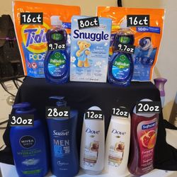 2 Tide Pods 16ct, Snuggle Sheets 80ct, 2 Palmolive 9.7oz, Nivea Men 30oz Bodywash, Suave 2in1 28oz, Dove Argan Set 12oz, & Soft Soap Bodywash 20oz FOR
