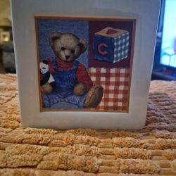 Blue Jean Block Teddy Bear Coin Bank Vintage Nursery Decor  1990's-2000