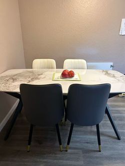Like-New Modern Sintered Stone Dining Table with 4 Chairs Set