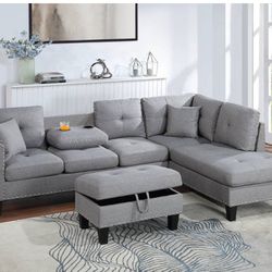 3pc Sectional Sofa W/ Storage Ottoman