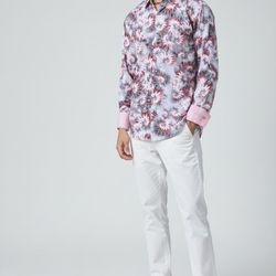 Slim-Fit Long Sleeve Shirt – Red & White, Italian Cotton, Casual & Smart-Casual Wear