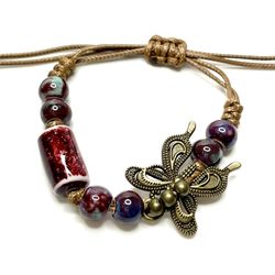Bracelet Butterfly Swirl Burgundy & Blue ceramic cord beaded boho